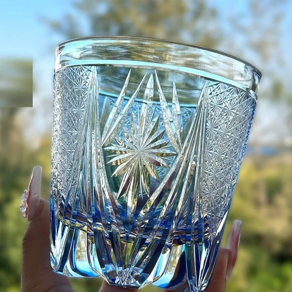 Hand-carved crystal whiskey glass 340ml blue retro style single