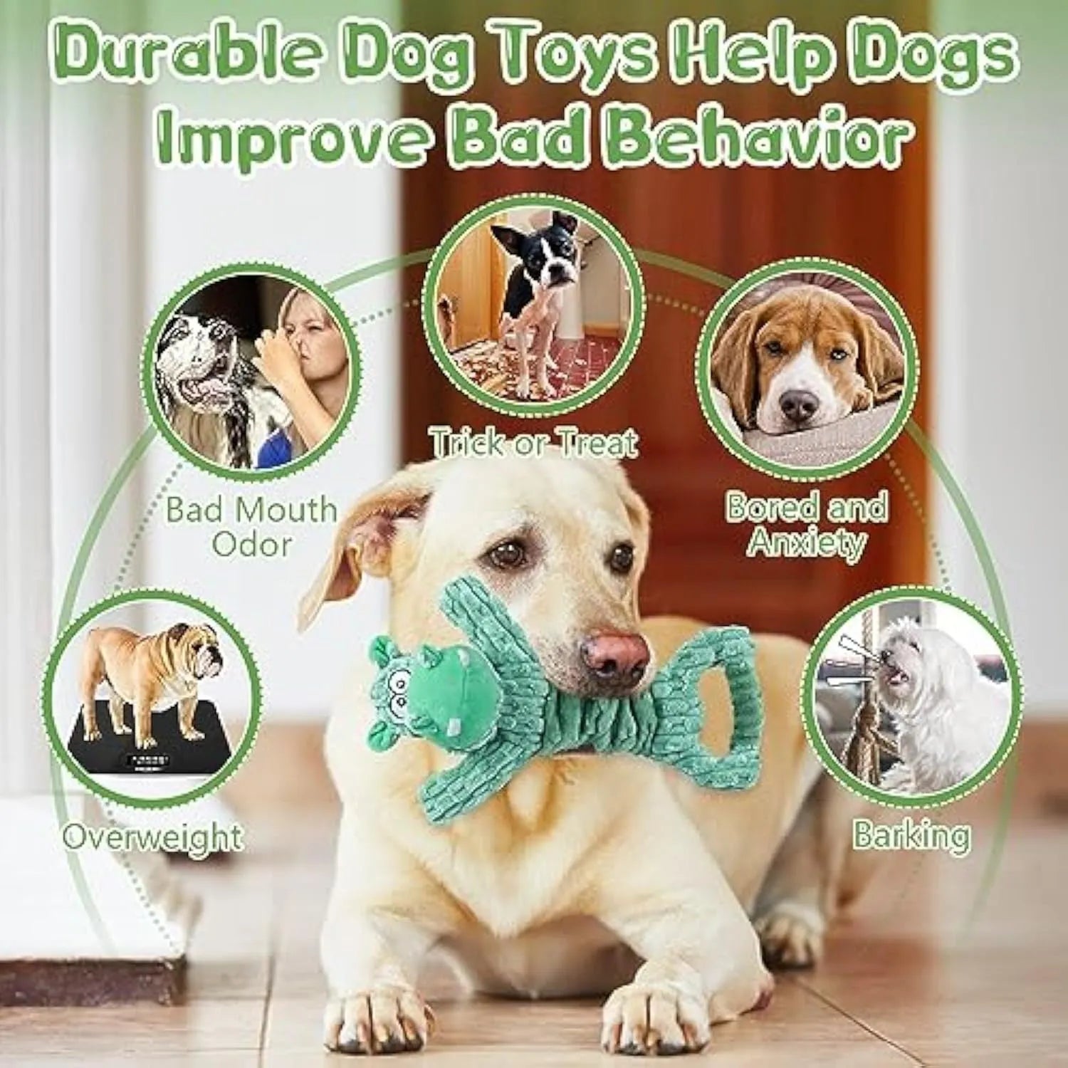 Large plush hippo or monkey dog toy with a handle, shown for interactive squeaky and tug-of-war play.