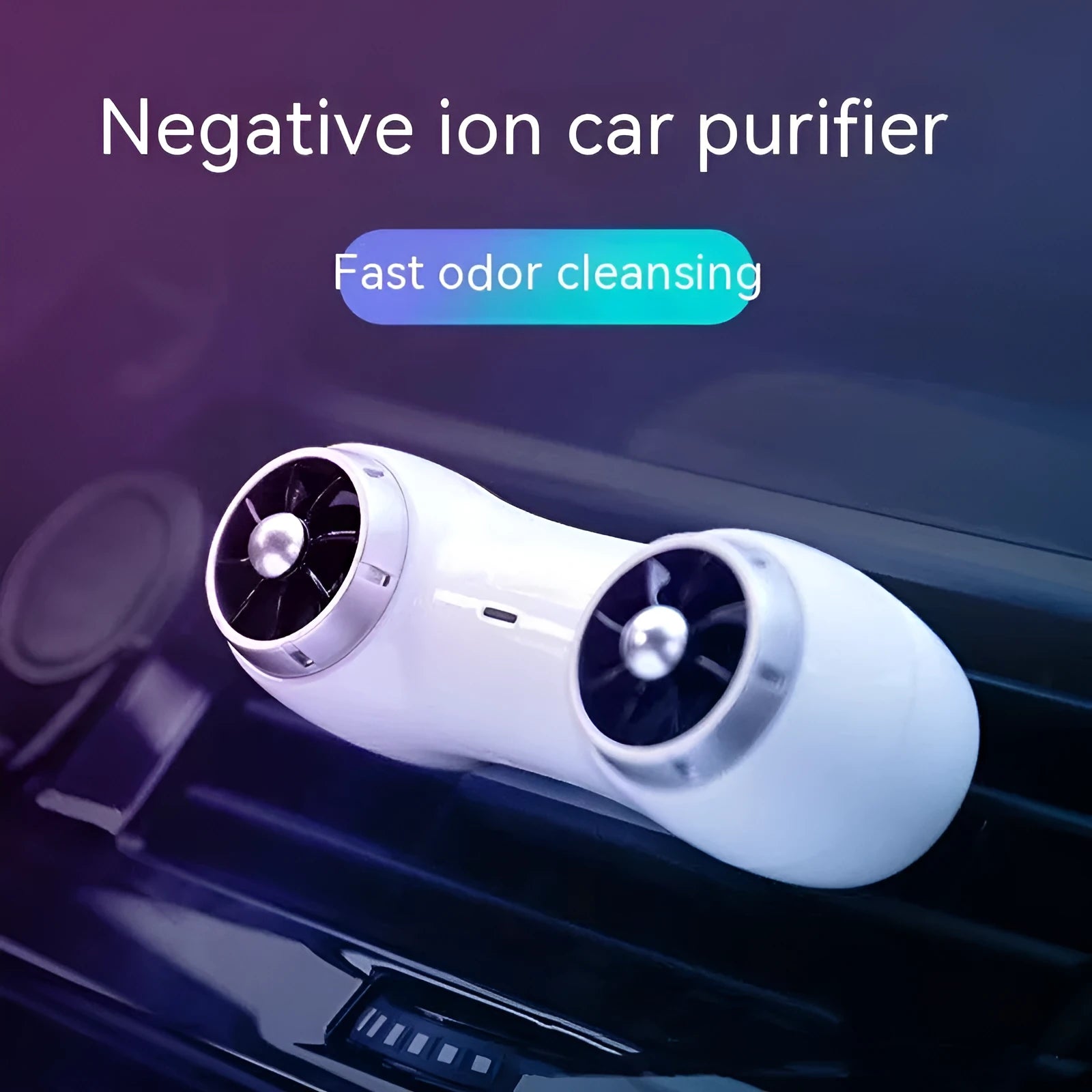 Compact black or white car air purifier with anion and aromatherapy functions for vehicle use.