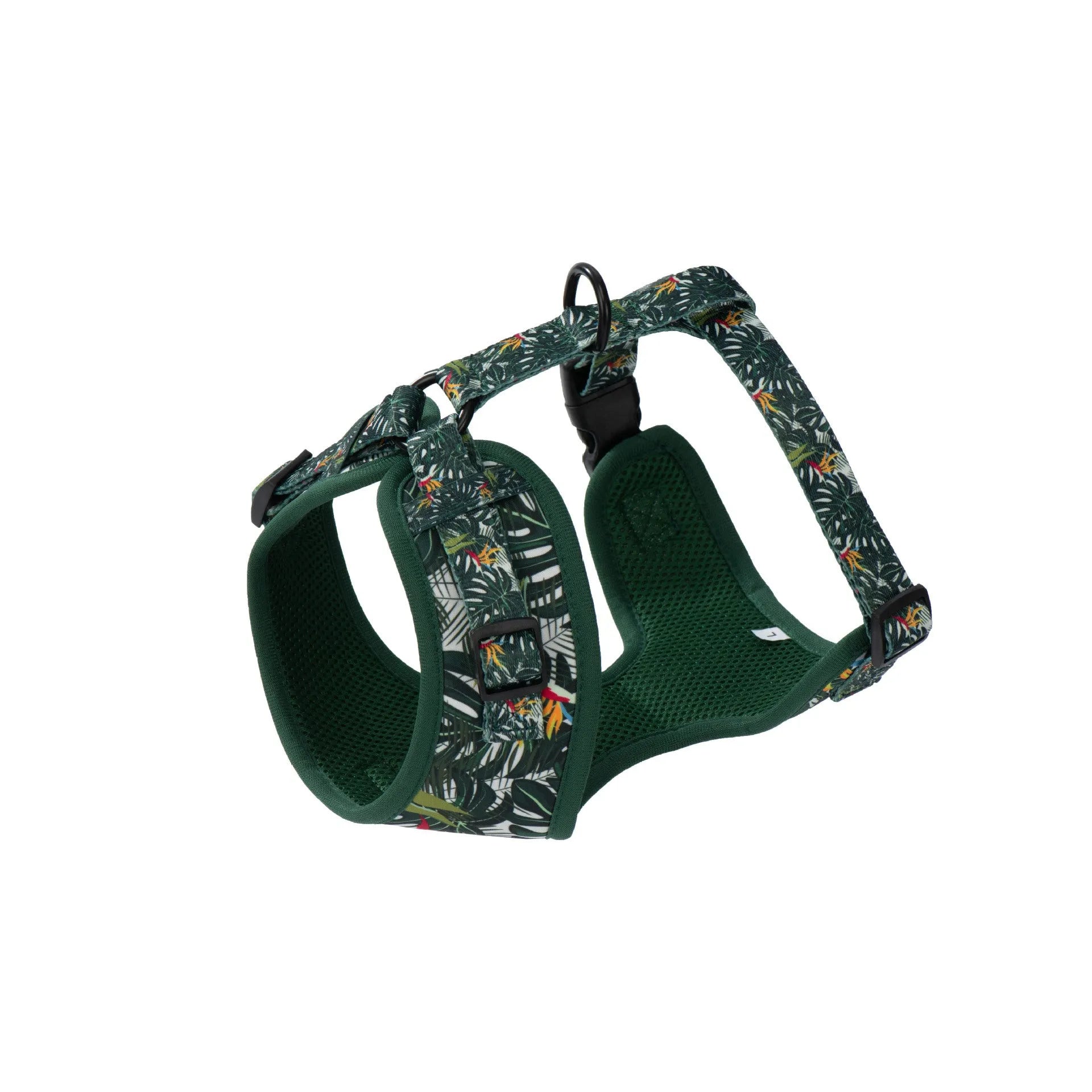 Adjustable cloth pet harness set with six accessories including chest harness, leash, collar, waste bag, bow tie, and triangular scarf