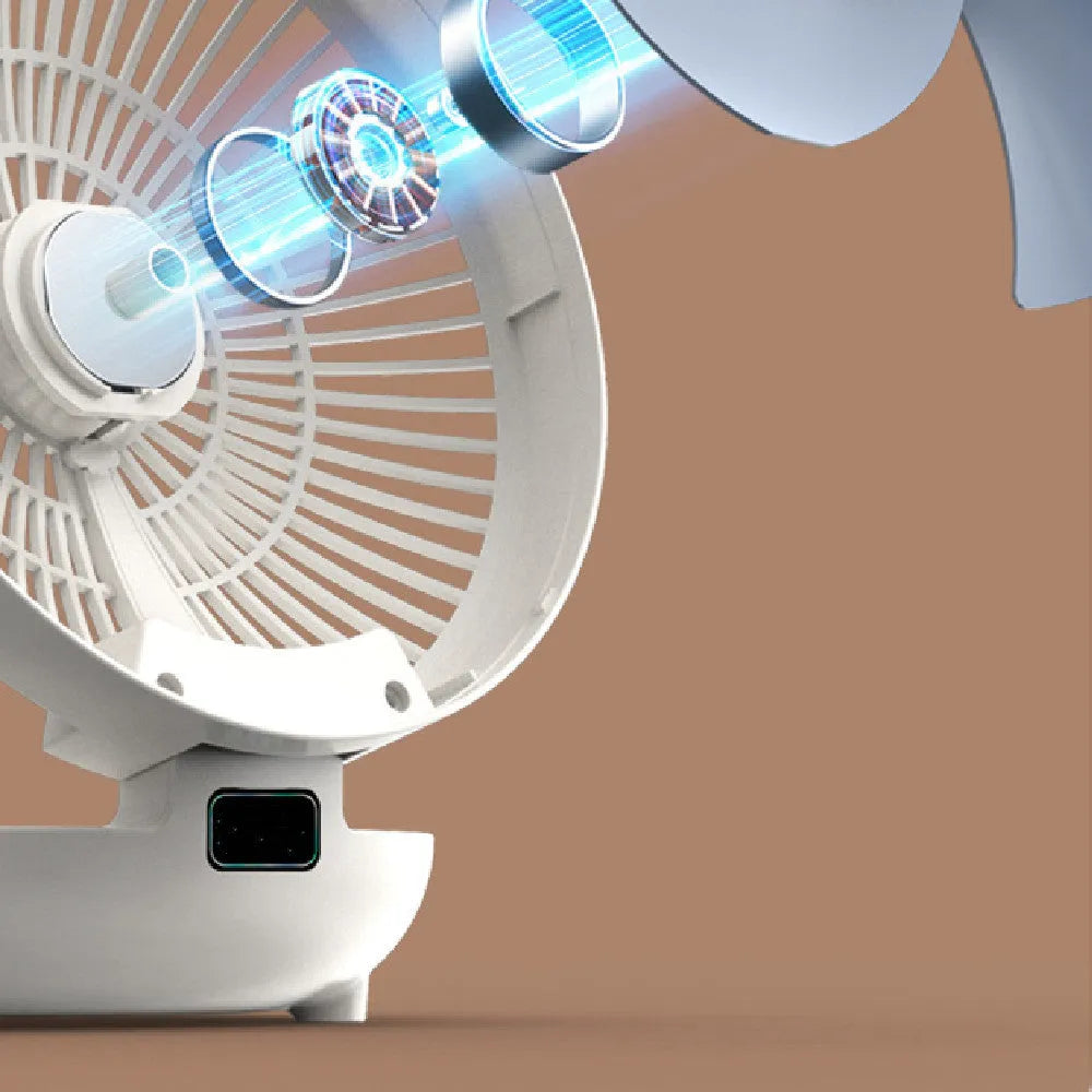 Folding wall mounted small fan in white with USB power cord and nail-free hook, ABS construction, brushless motor