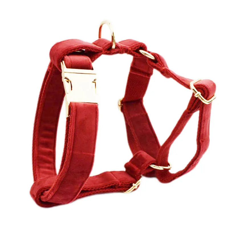 Cloth dog collar and leash set with matching vest, decorative bow, and dog poop bag accessories