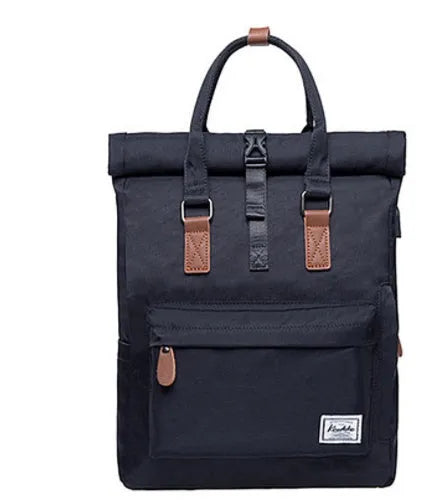 Casual polyester backpack with cover opening showing interior computer compartment and zipper pocket