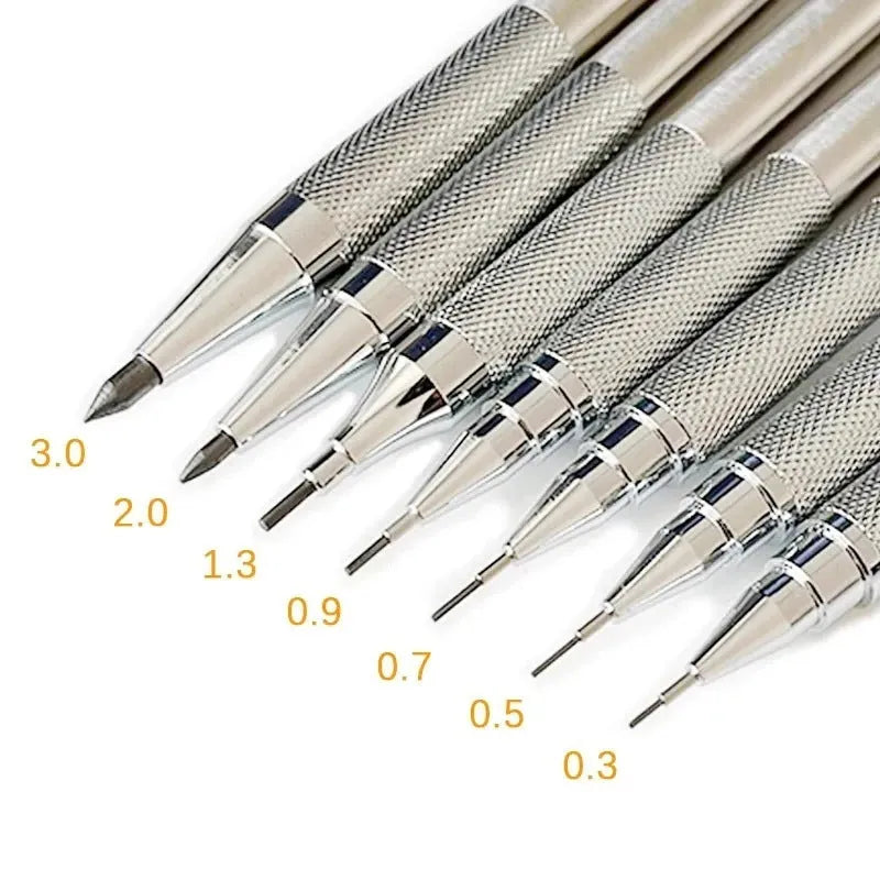Metal automatic mechanical pencil showing six compatible lead sizes from 0.3mm to 2.0mm
