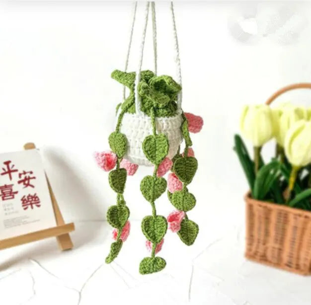 Green and white knitted car plant ornament with 8cm basin base and hanging rope for vehicle interiors
