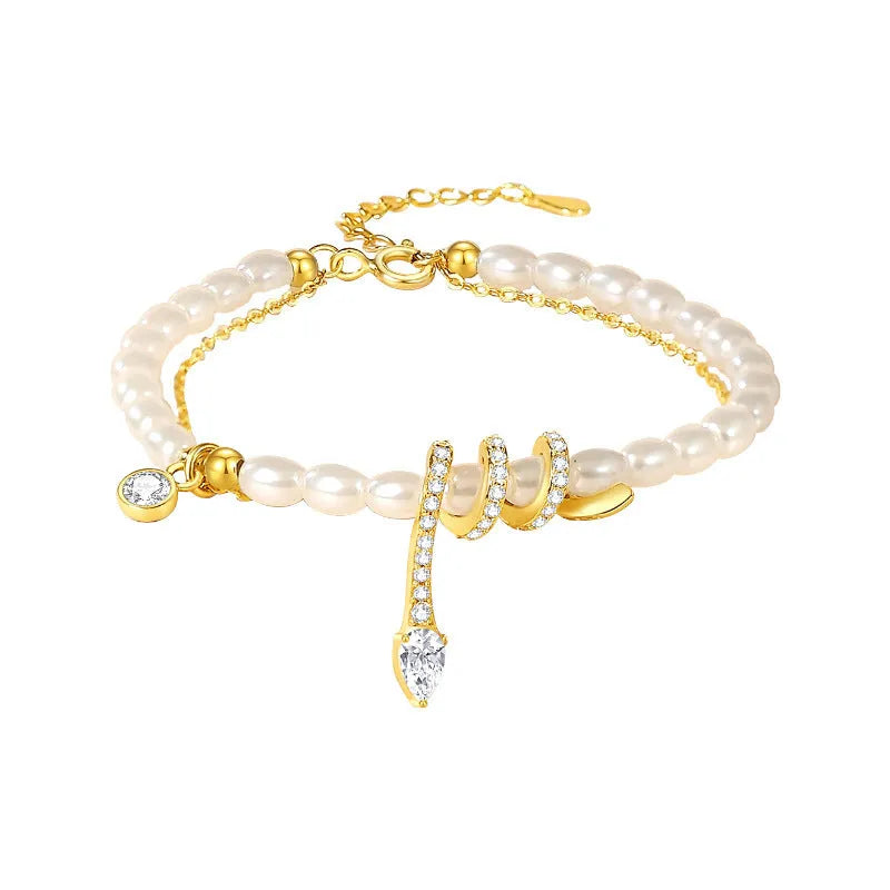 Pearl snake beaded bracelet with 925 silver construction and electroplated gold finish options