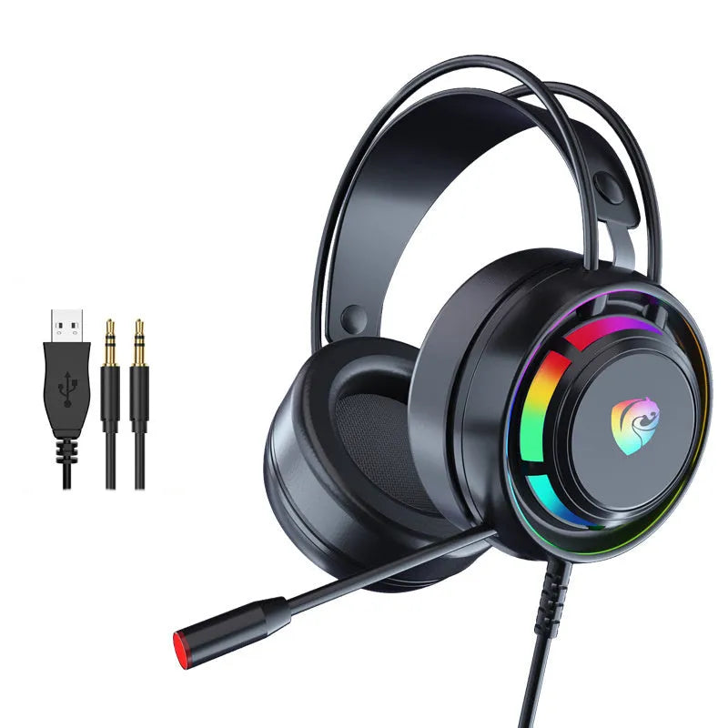 Black wired gaming headset with microphone, over-ear design with sponge ear muffs.
