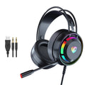 Black wired computer headphones with microphone, showing over-ear design with sponge pads and a long cable.