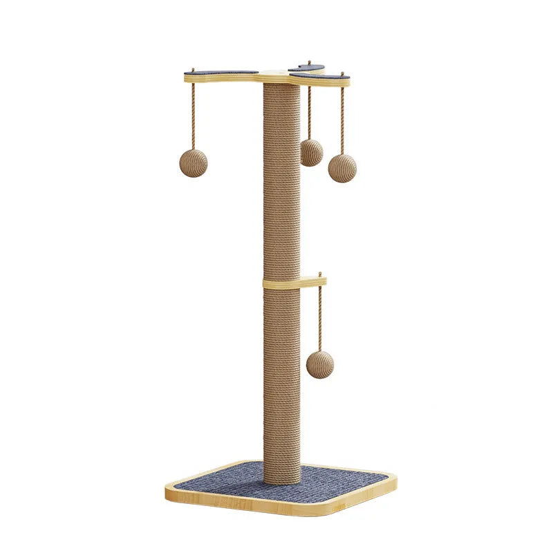 A 62cm tall pine wood cat climbing frame with carpet leather scratching posts, platforms, and a red windmill hanging ball toy.