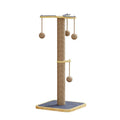A 62cm tall pine wood cat climbing frame with carpet leather scratching posts, platforms, and a red windmill hanging ball toy.