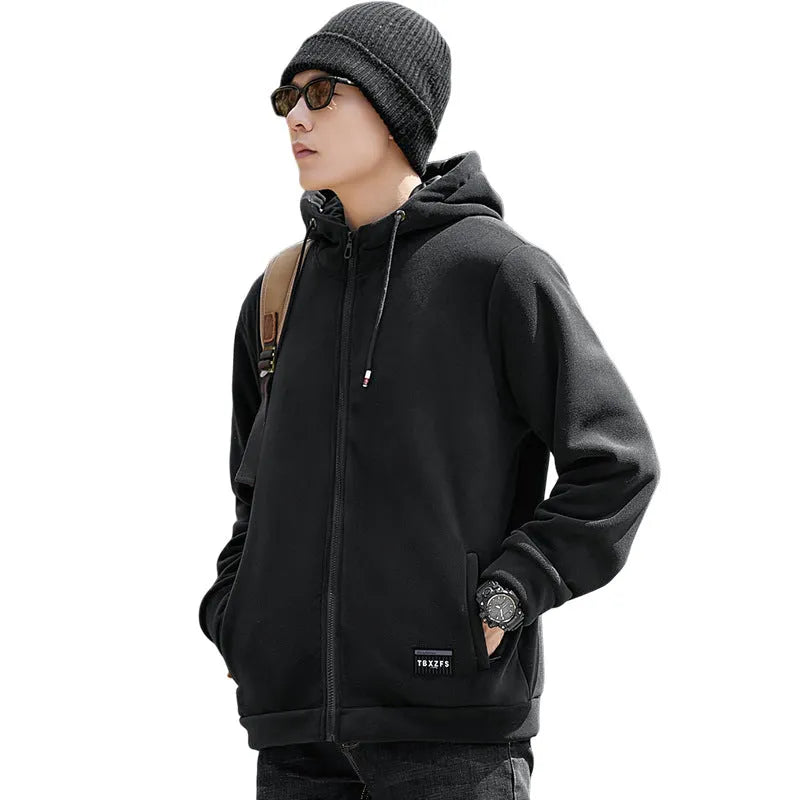 Men's hooded lamb wool jacket loose casual plus size brushed hoody in camel with wool liner and long sleeves