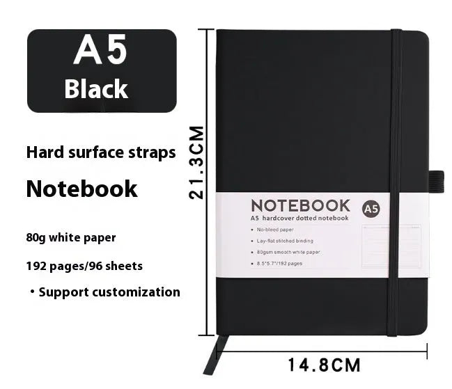 A5 size notebook with soft skin-feel PU leather cover and strap closure, open to show horizontal lined pages.