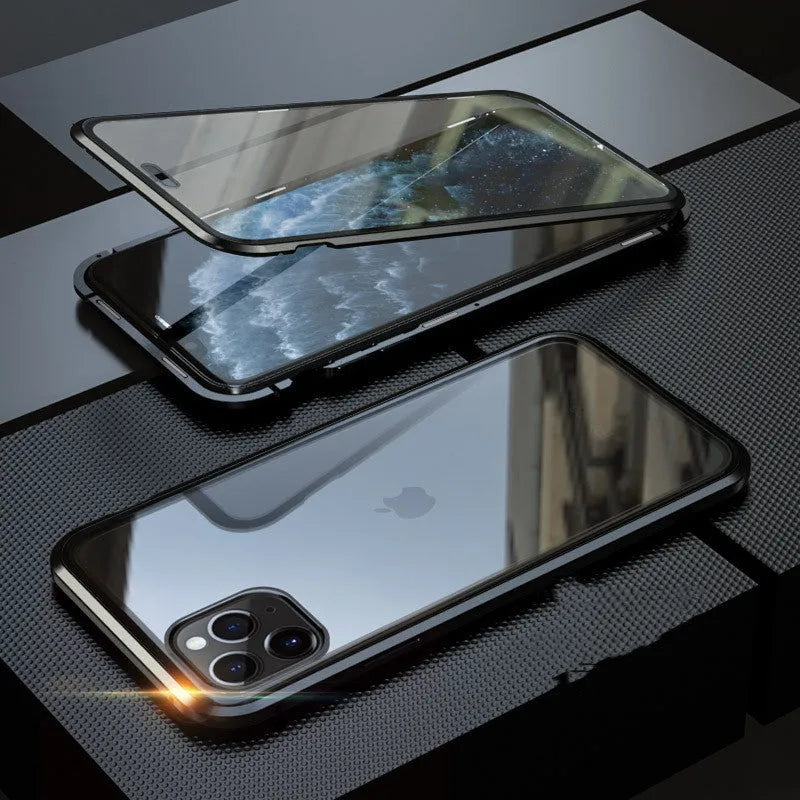 A black glass clamshell phone case for an iPhone with a geometric design and privacy screen.