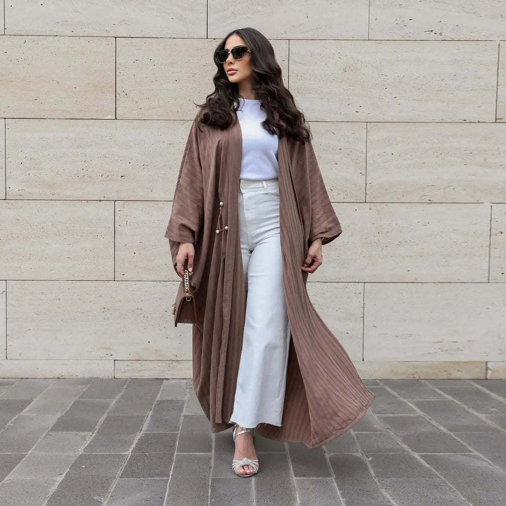 Turkish striped abaya cardigan robe in light coffee colour with batwing sleeves for Muslim women