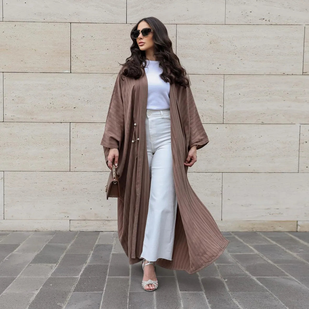 Turkish striped abaya cardigan robe in light coffee colour with batwing sleeves for Muslim women
