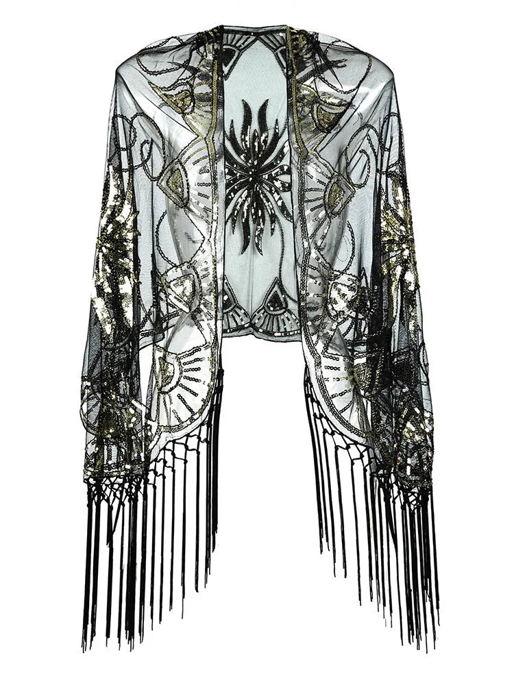 Flapper Gatsby party mesh short cover up dress accessory in abstract pattern with V-neck and zipper, black colour