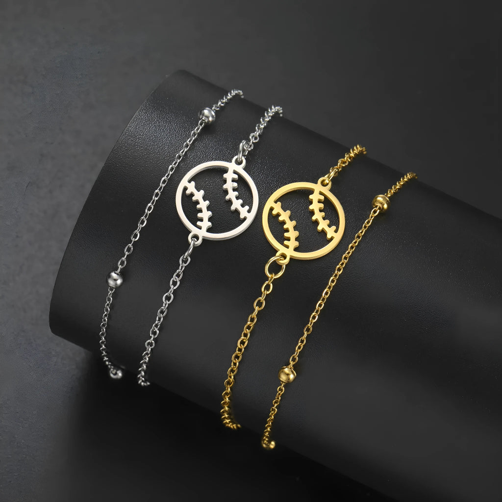 Stainless steel hollow baseball bracelet with double-layer chain in steel colour on wrist