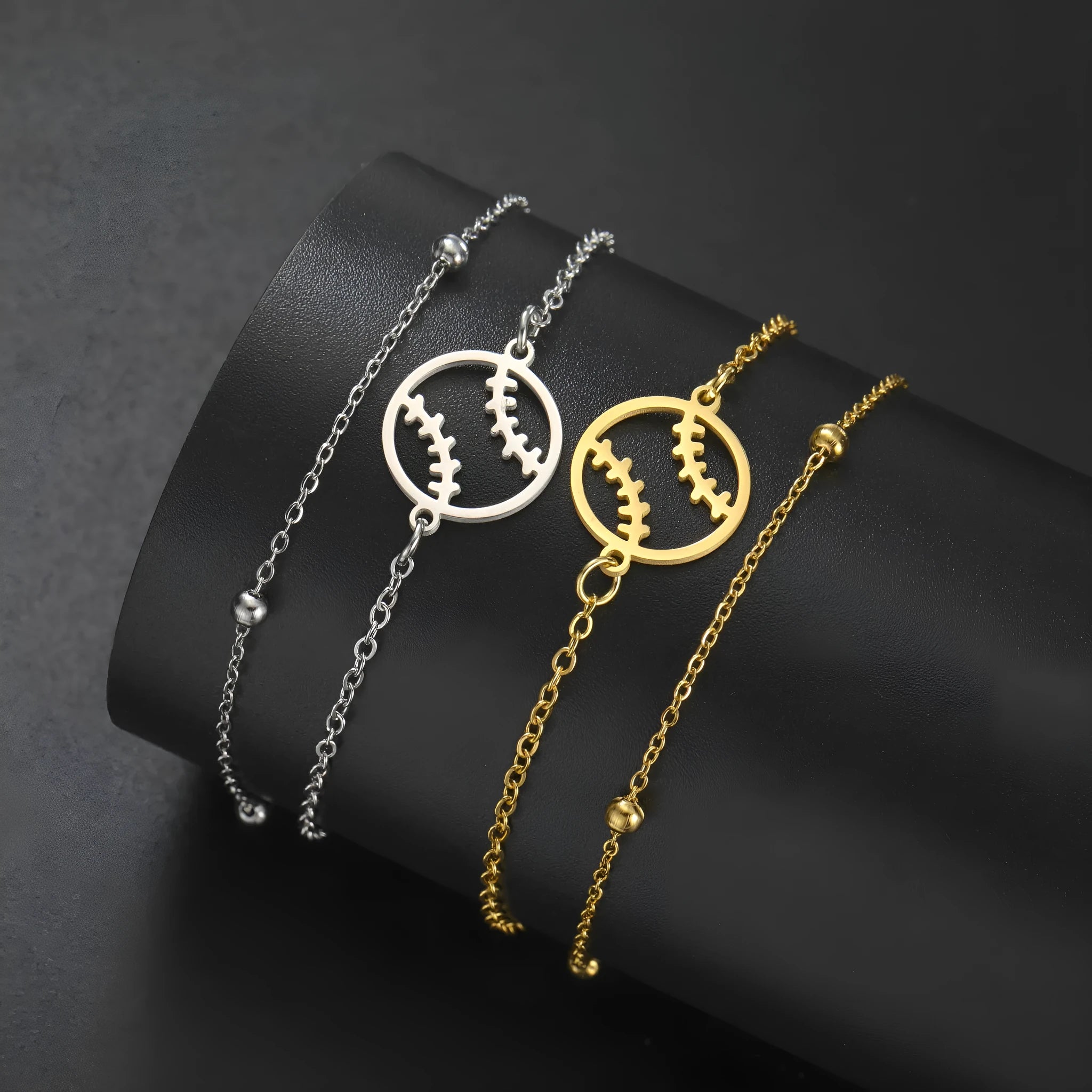 Stainless steel hollow baseball bracelet with double-layer chain in steel colour on wrist
