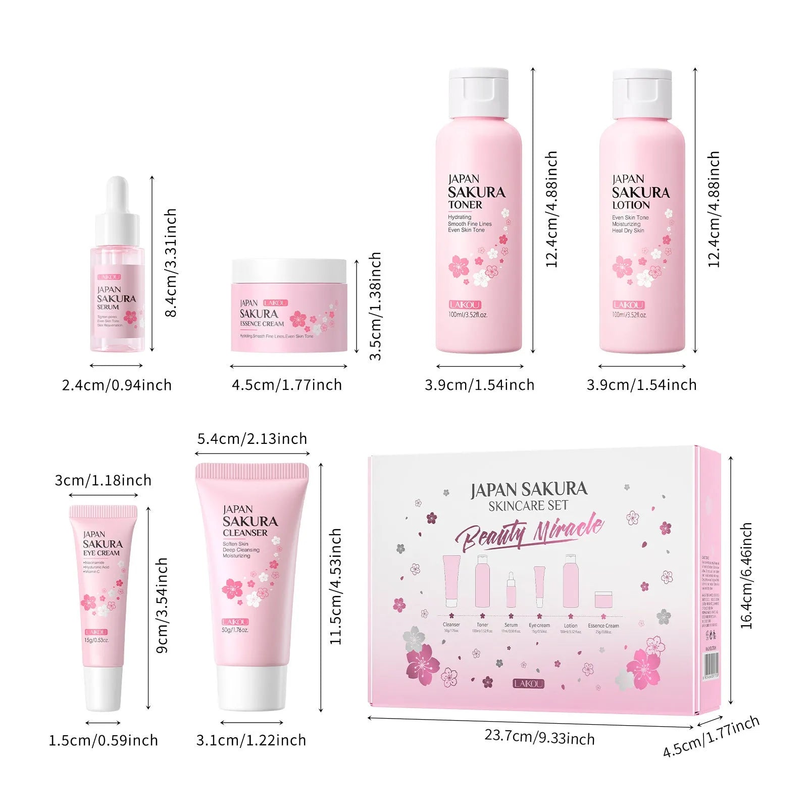 Cherry Blossom brightening and cleansing six piece facial skin care set with bottles and jars
