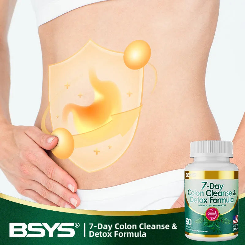 Bottle of 7-Day Colon Cleanse & Detox Formula capsules, dietary supplement for a 7-day cleansing routine