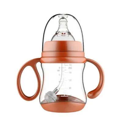 Baby feeding bottle made of BPA-free PP plastic with double handles, wide calibre, in pink or blue