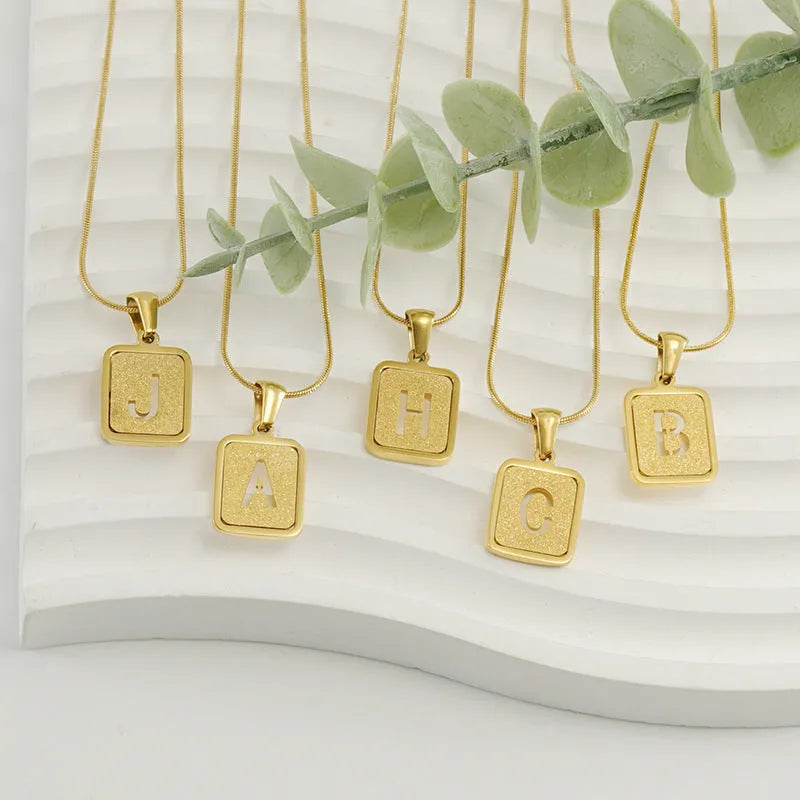 Alphabet necklace 26 letters hollow square pendant 18K gold tone titanium steel small snake chain