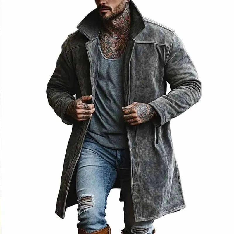 Men's stand collar mid-length coat in dark gray loose fit polyester fiber