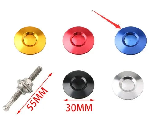 30mm diameter aluminium alloy engine cover lock in silver, black, gold, blue, and red colours next to a 55mm screw.