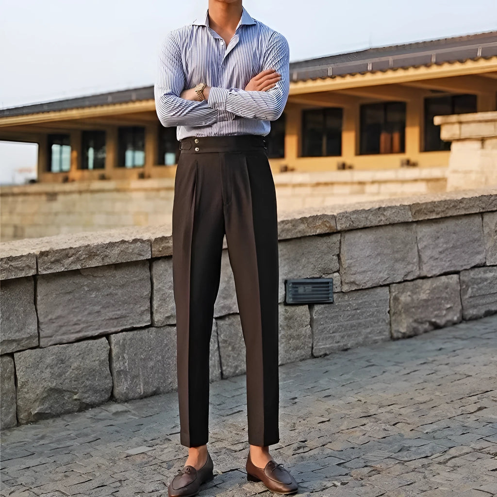 Men's slim fit polyester trousers in straight leg cut for summer formal wear