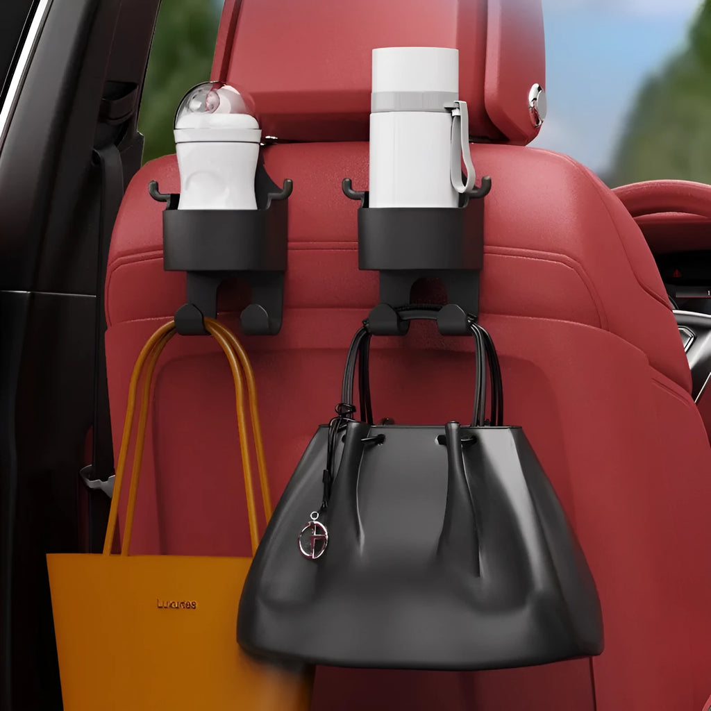 Black plastic car seat back organiser with a cup holder and two hanging hooks