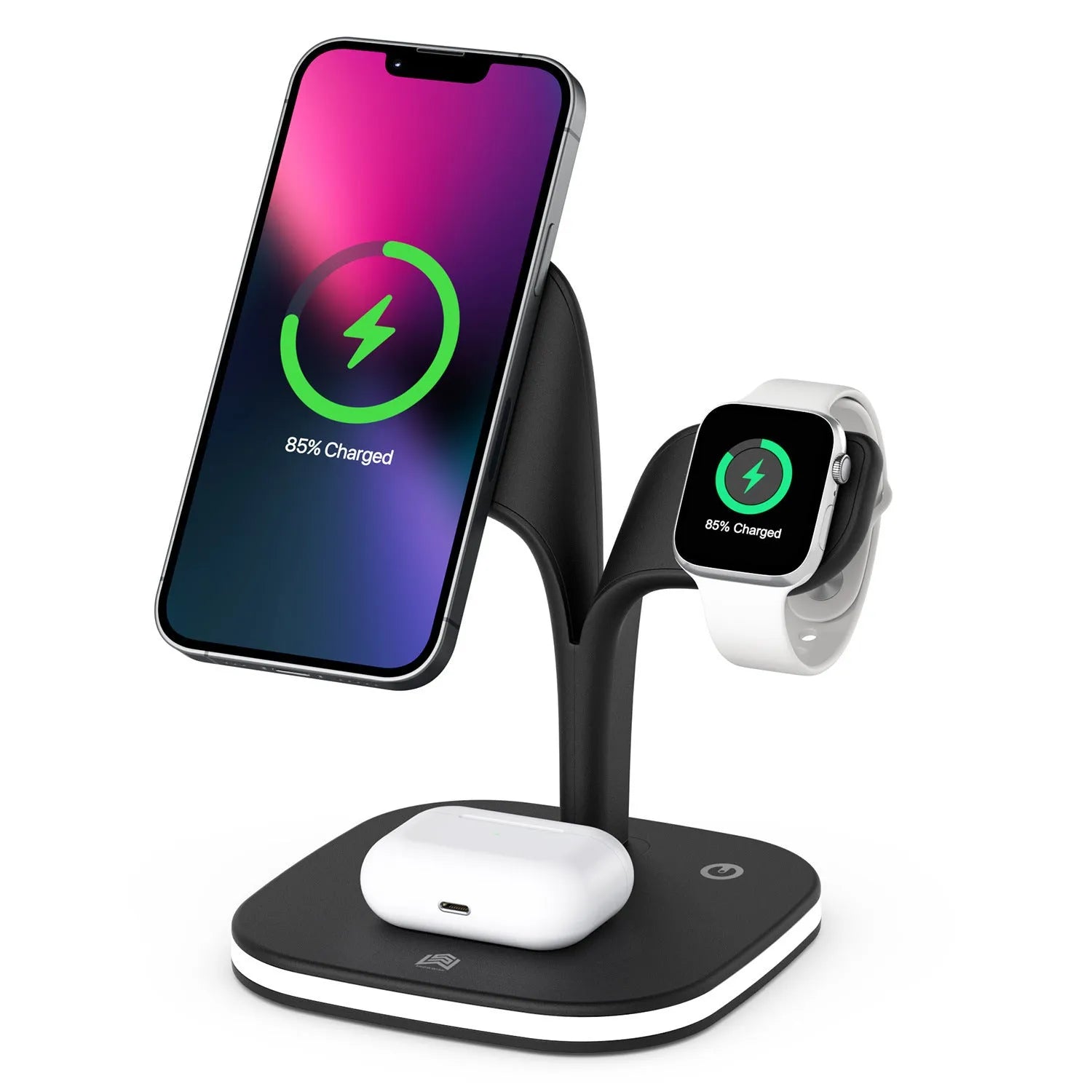 Black 3-in-1 wireless charging station holding a phone, smartwatch, and headphones on a desk.