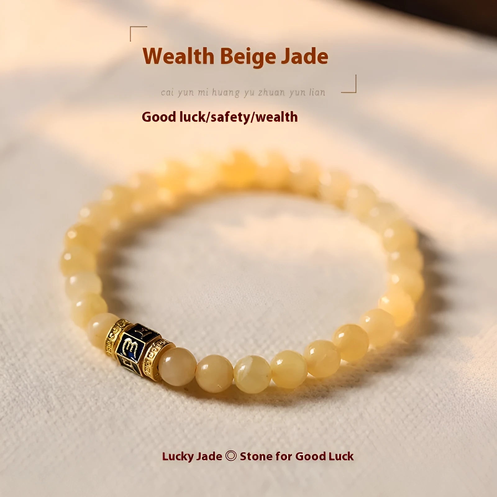 Close-up of a women's hand-woven bracelet with topaz-coloured barrel beads, square jade beads, and a fu charm.