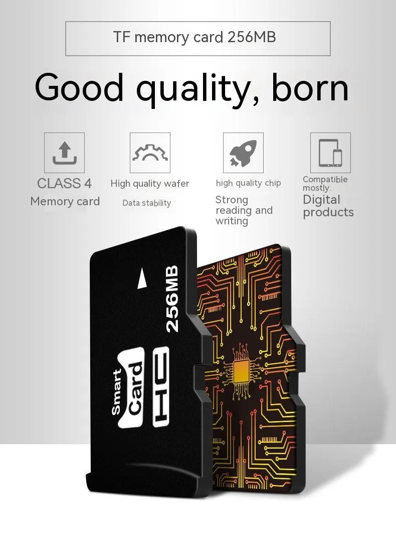 256MB TF microSD memory card in a packaged case for speakers and cameras.