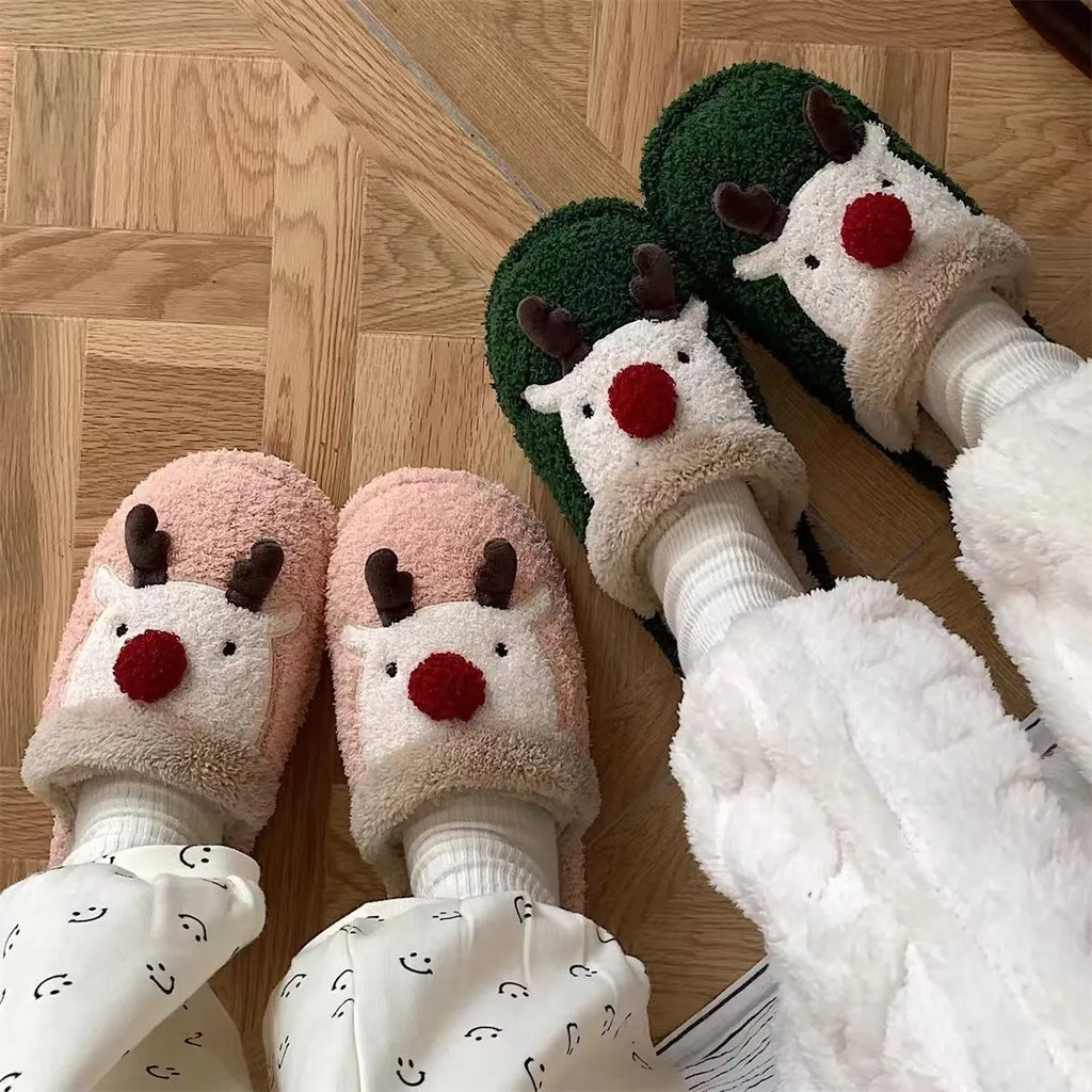 Women's brown Christmas elk plush slippers with non-slip PVC sole