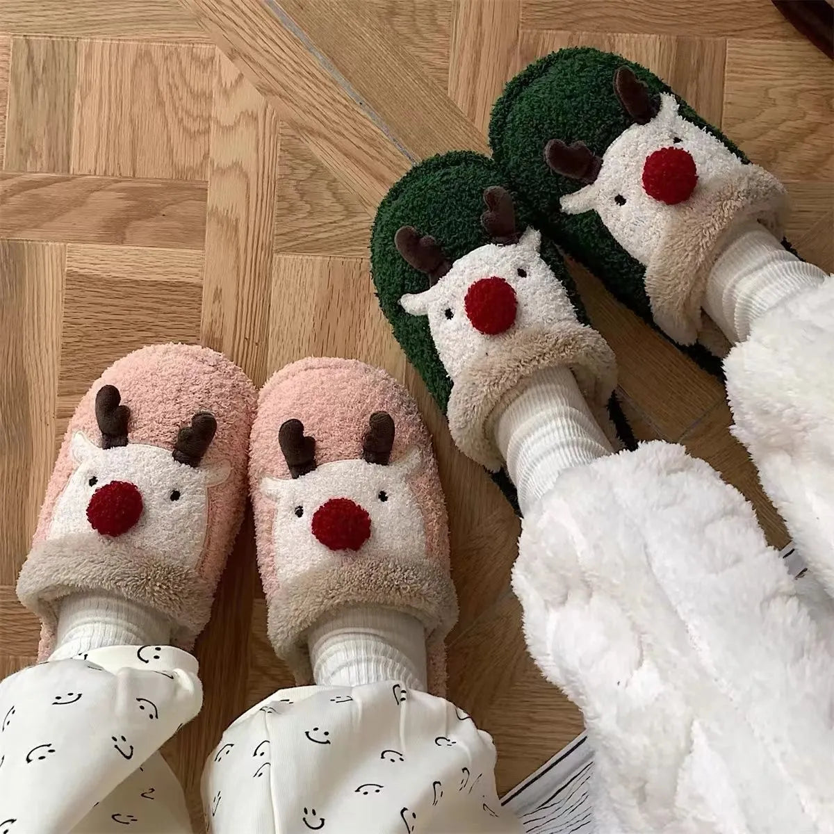 Women's brown Christmas elk plush slippers with non-slip PVC sole