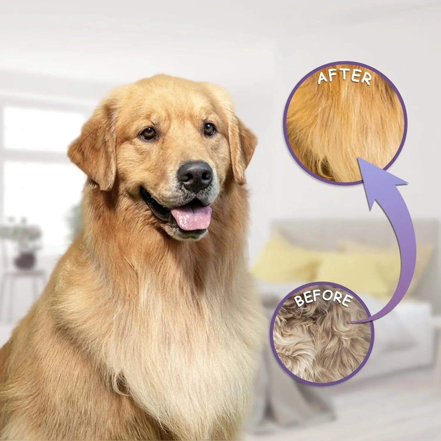 Purple pet detangling comb with stainless steel long and short teeth on an ergonomic handle.