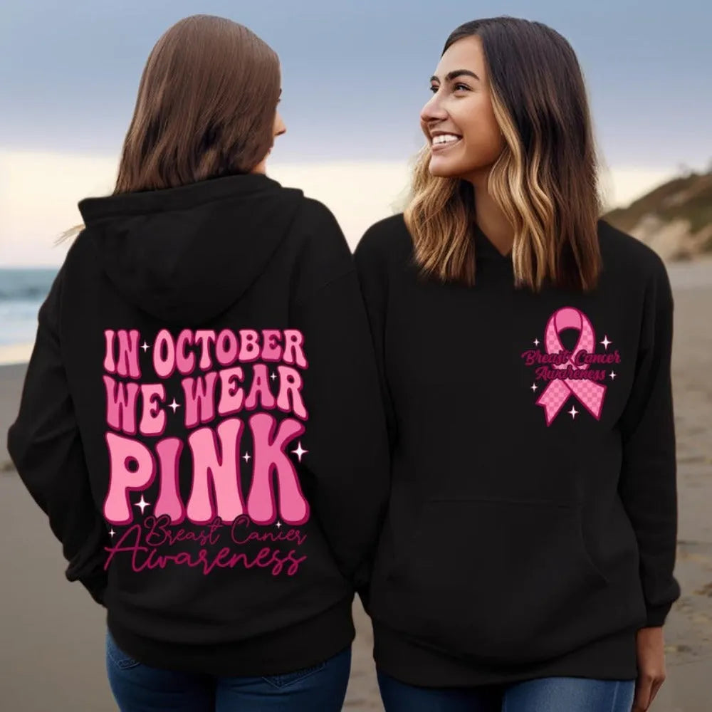 Breast Cancer Awareness pullover hoodie with retro art design and side pocket in pink colour