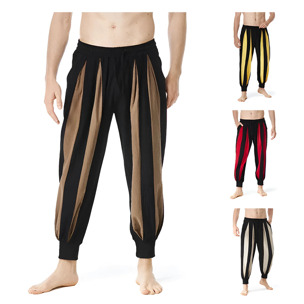Men's straight leg casual trousers in red, khaki, yellow, or brown colours.