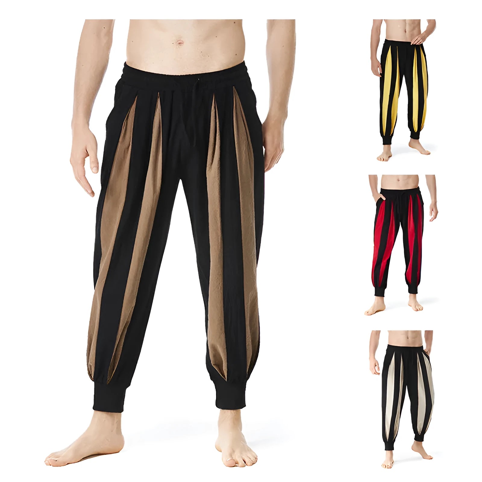 Men's straight leg casual trousers in red, khaki, yellow, or brown colours.