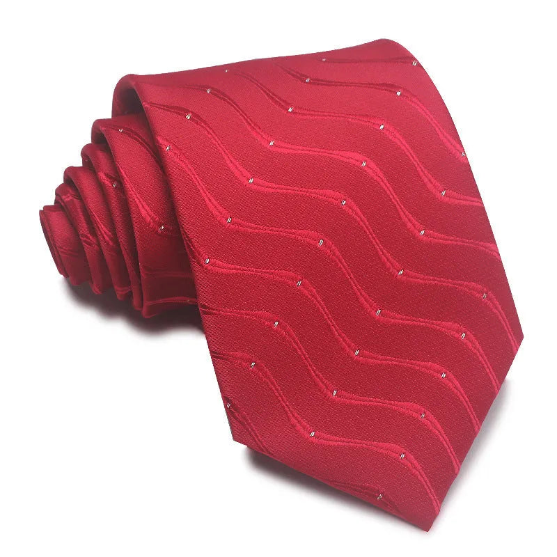 Men's striped polyester jacquard business tie in red, showing classic 8cm arrow shape.