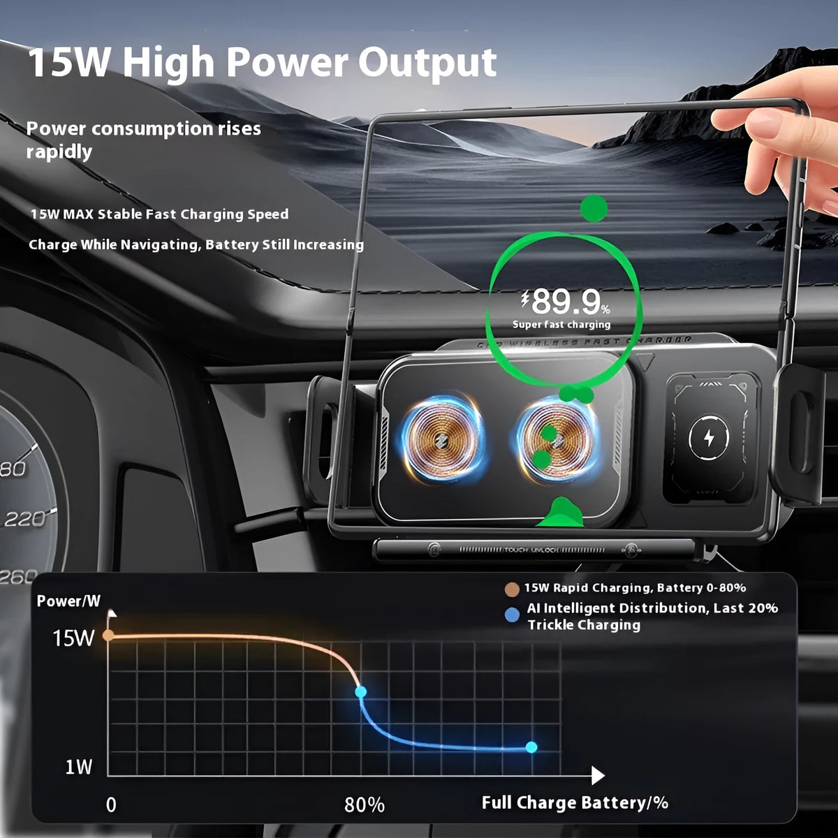 Foldable wireless car charger in Xingyao Black with Z1 base and phone mounted showing 15W fast charging