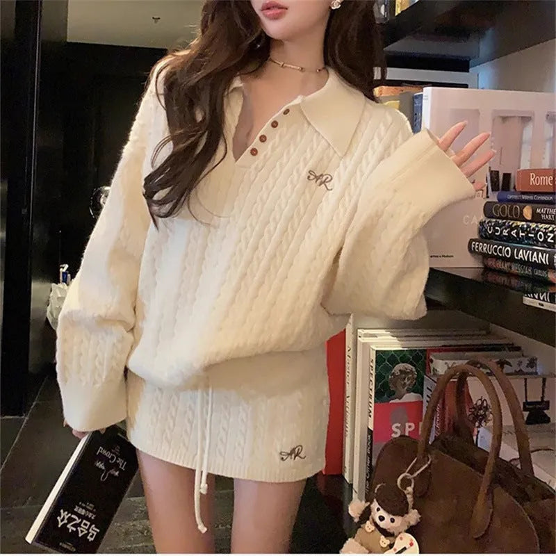Korean-style academic twist knit skirt set in beige and blue colour blocking with long sleeve top and short skirt