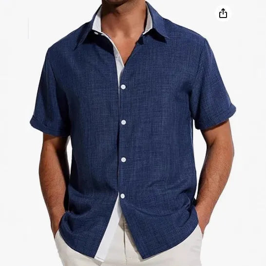 Men's floral print short-sleeved shirt in light grey polyester fabric on a hanger.