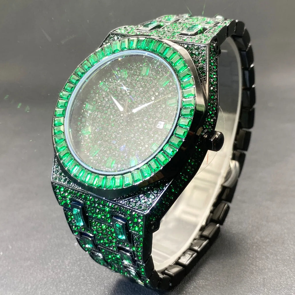 Men's green full rhinestone quartz watch with alloy case, 13mm thickness, hip hop fashion style