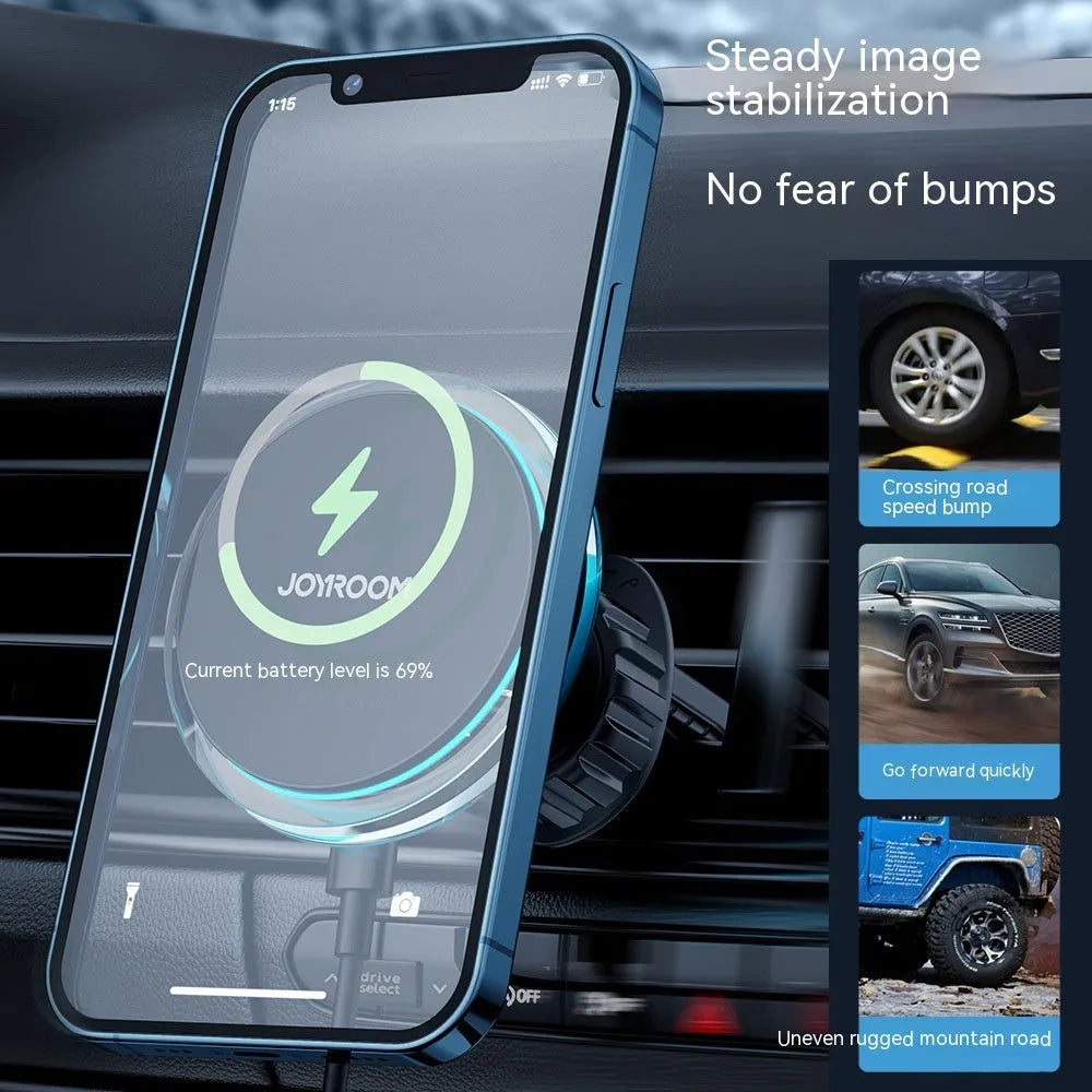 Black magnetic wireless charging car mount attached to car air vent with phone secured