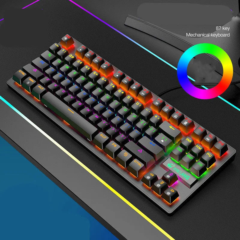 Black mechanical gaming keyboard with coloured keycaps and simple design next to notebook computer