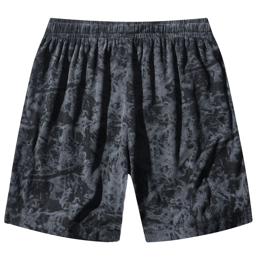 Men's corduroy camouflage athletic shorts with straight-leg cut and elastic waistband in black colour