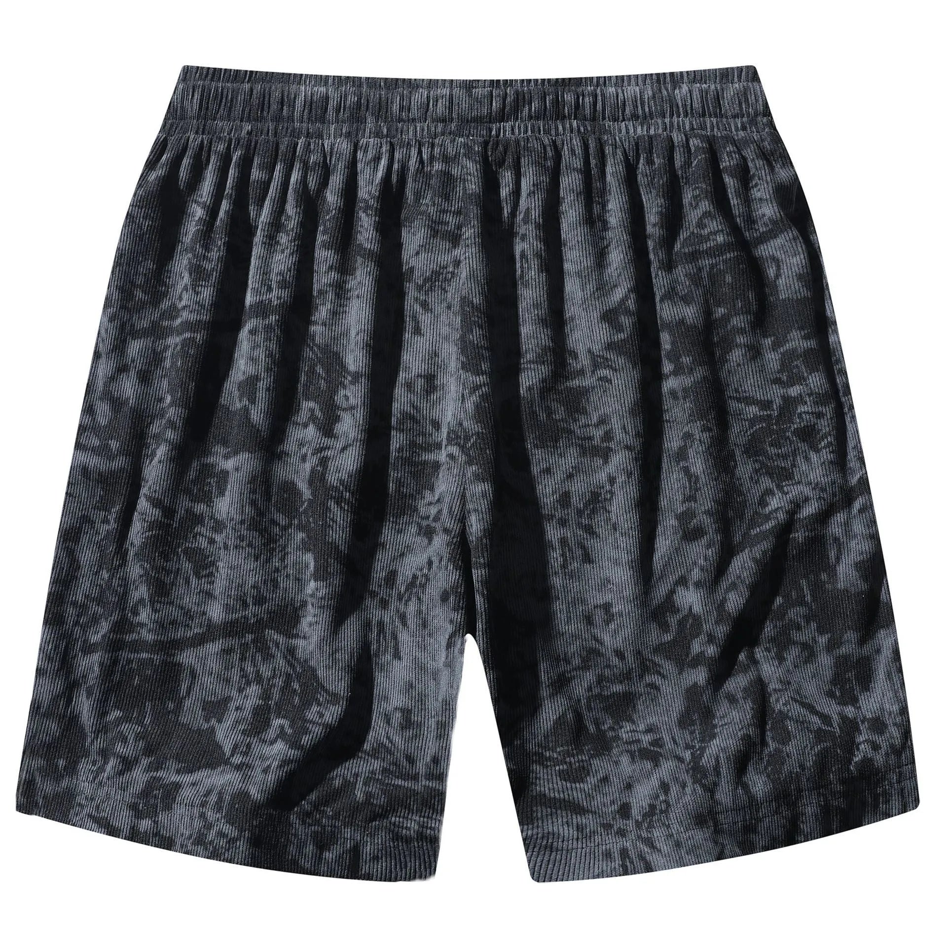 Men's corduroy camouflage athletic shorts with straight-leg cut and elastic waistband in black colour