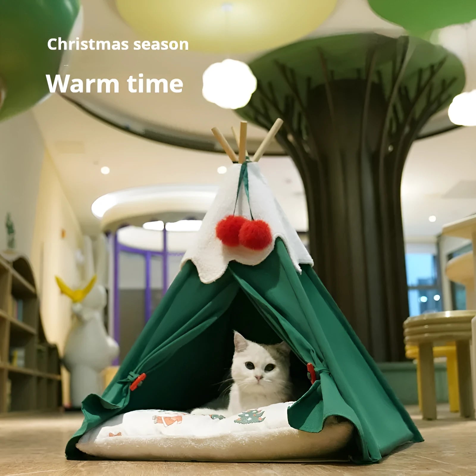 Semi-closed cat house pet bed with thickened cloth construction in brown and white mat options