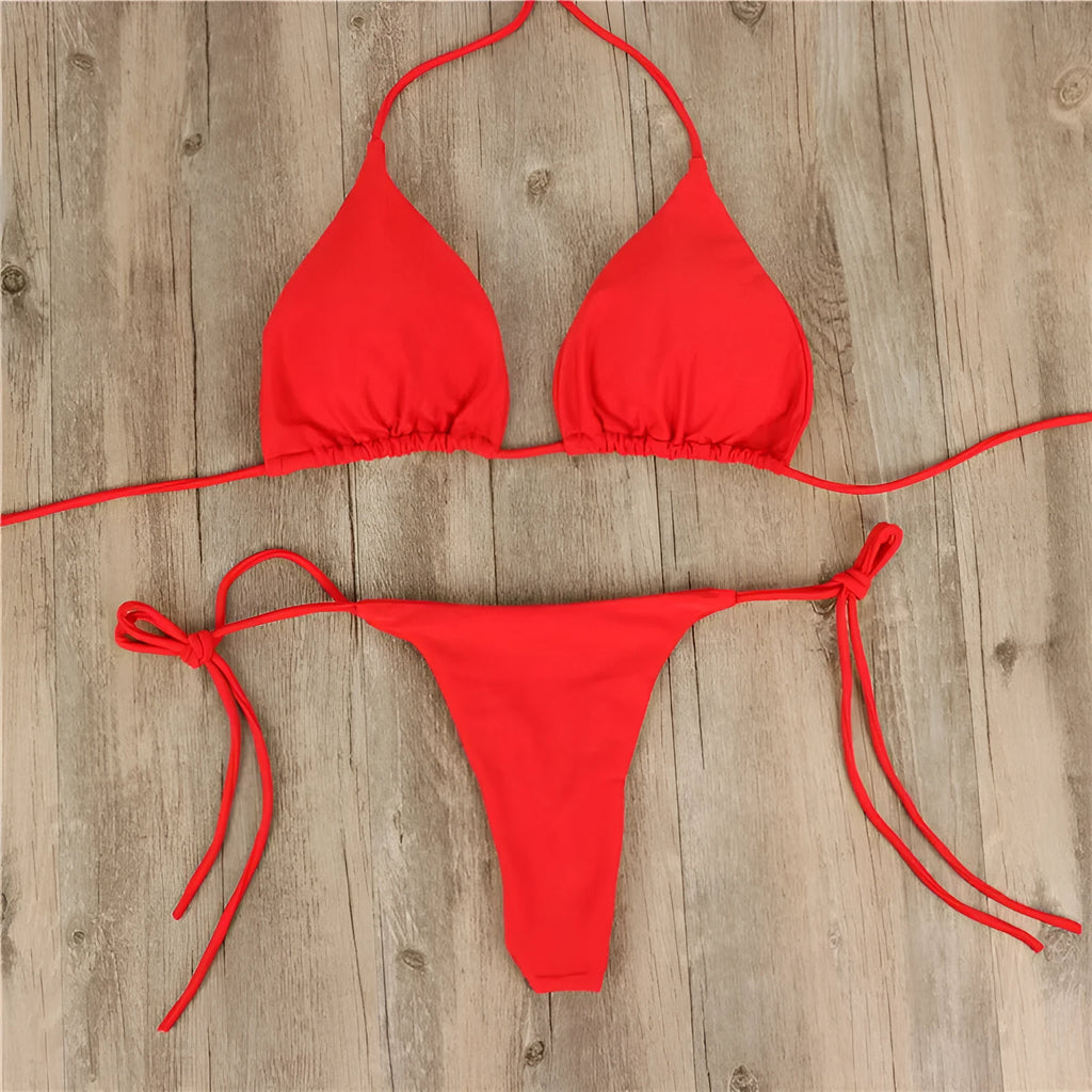 Halter neck tie bikini set for women in milk silk fabric, six colour options including black, white, red